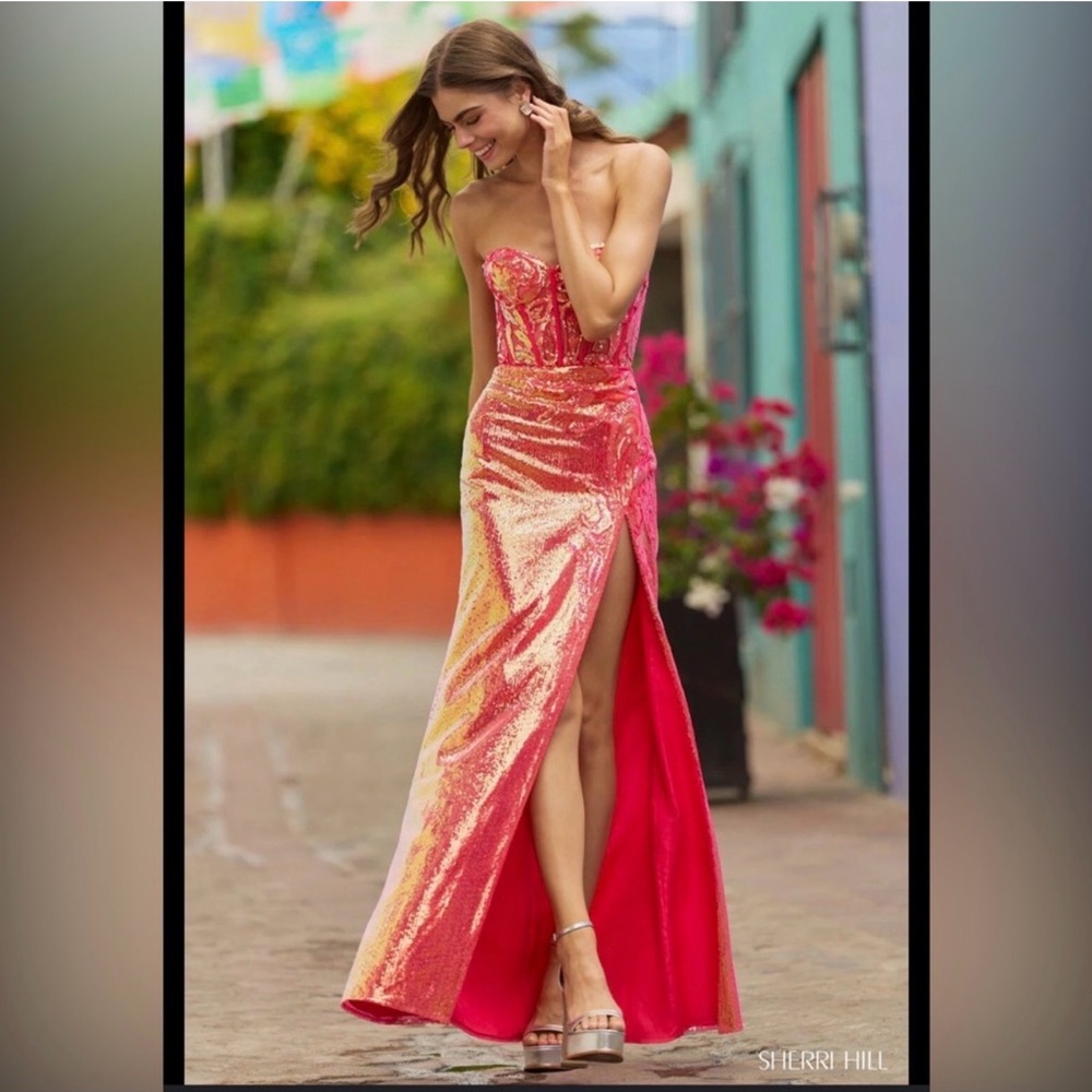 Sherri Hill 55592 coral sequins sweetheart neckline prom dress size 0